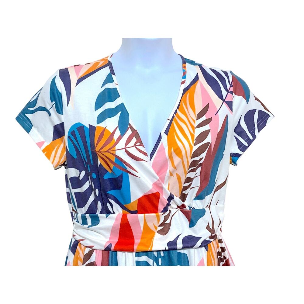 Tropical V-Neck Dress Womens XL Avant Garde Colorful Art to Wear Vacation Boho - Picture 2 of 8